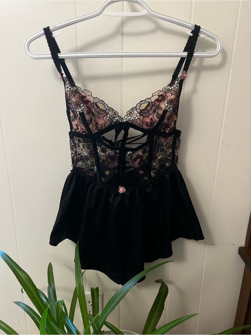 For love & lemons Floral Lace and Black Satin Babydoll Romper